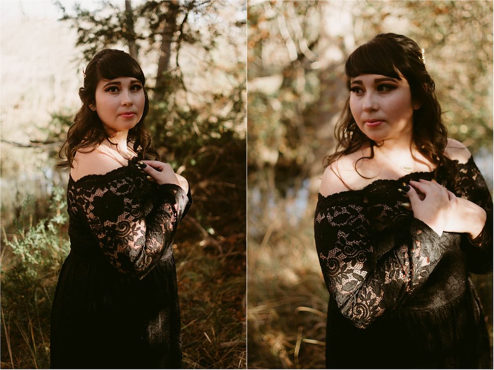Gothic inspired photoshoot featuring elegant black lace dress in dreamy forest setting.