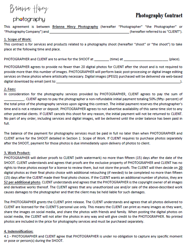 example photography contract