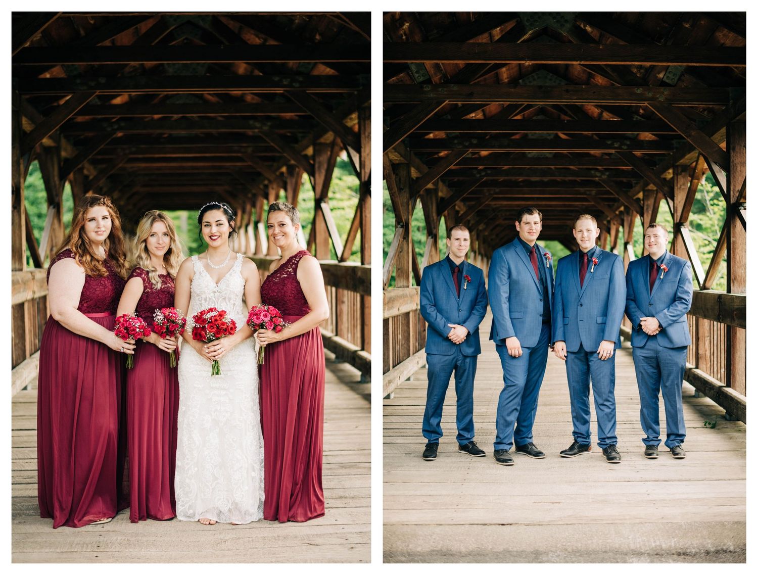 collage of bride with bridesmaids and groom with groomsmen