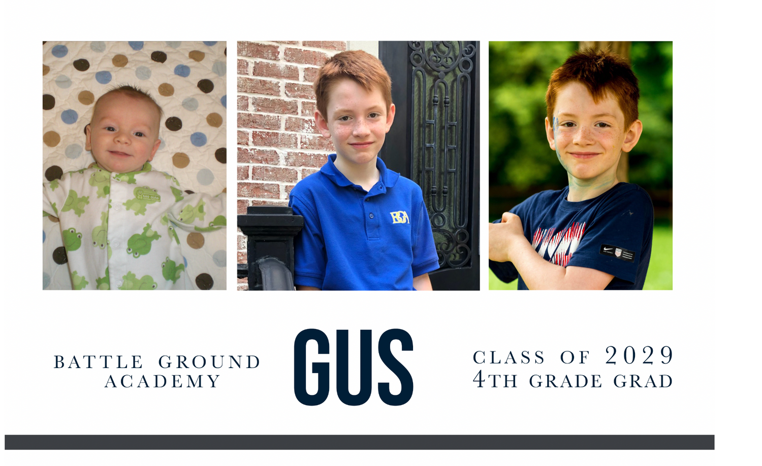 Three progress photos showing a student's growth from baby to 5th grade graduation at Battle Ground Academy.