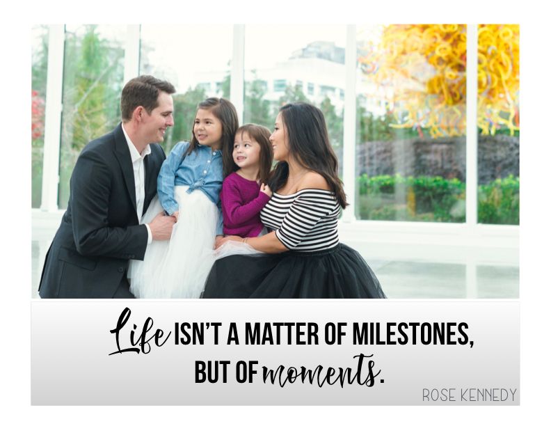 Family portrait with quote about life being made of moments rather than milestones.