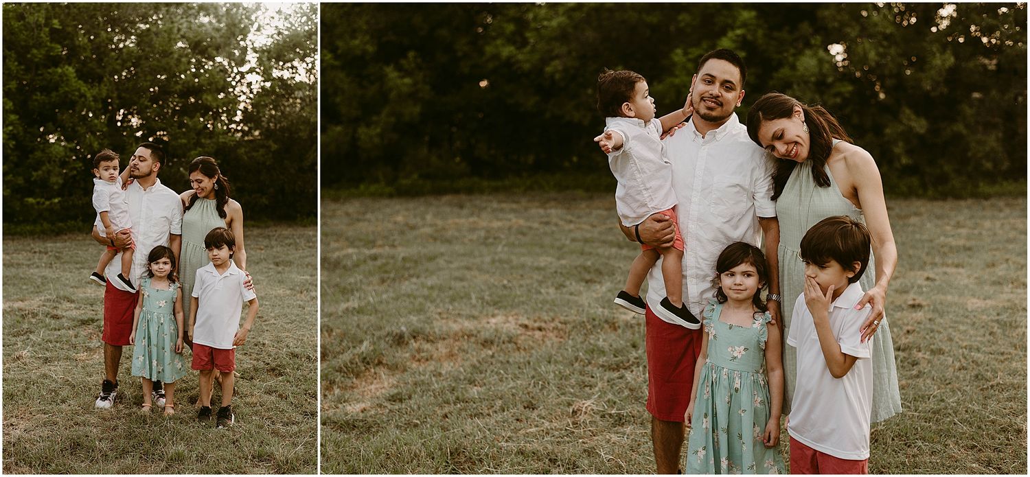 Two similar outdoor family portrait shots in a grassy field at dusk.