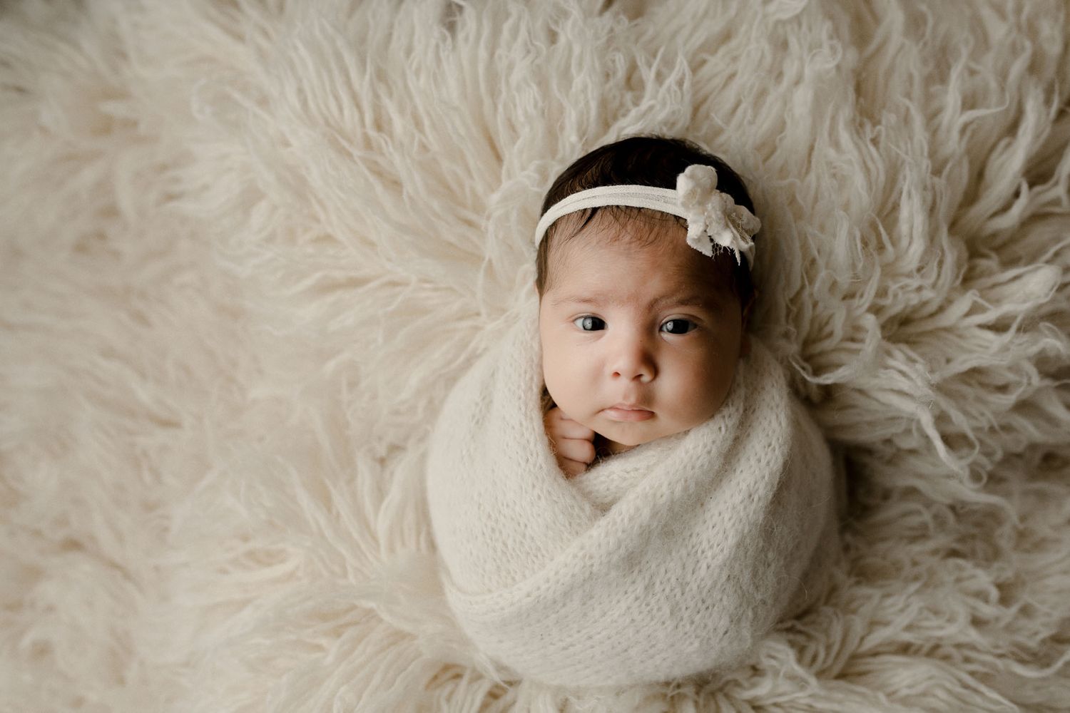 Eden Prairie newborn photographer | newbornwrapped-in-white-knitted-wrap-with-white-matching-bow-laying-on-cream-rug