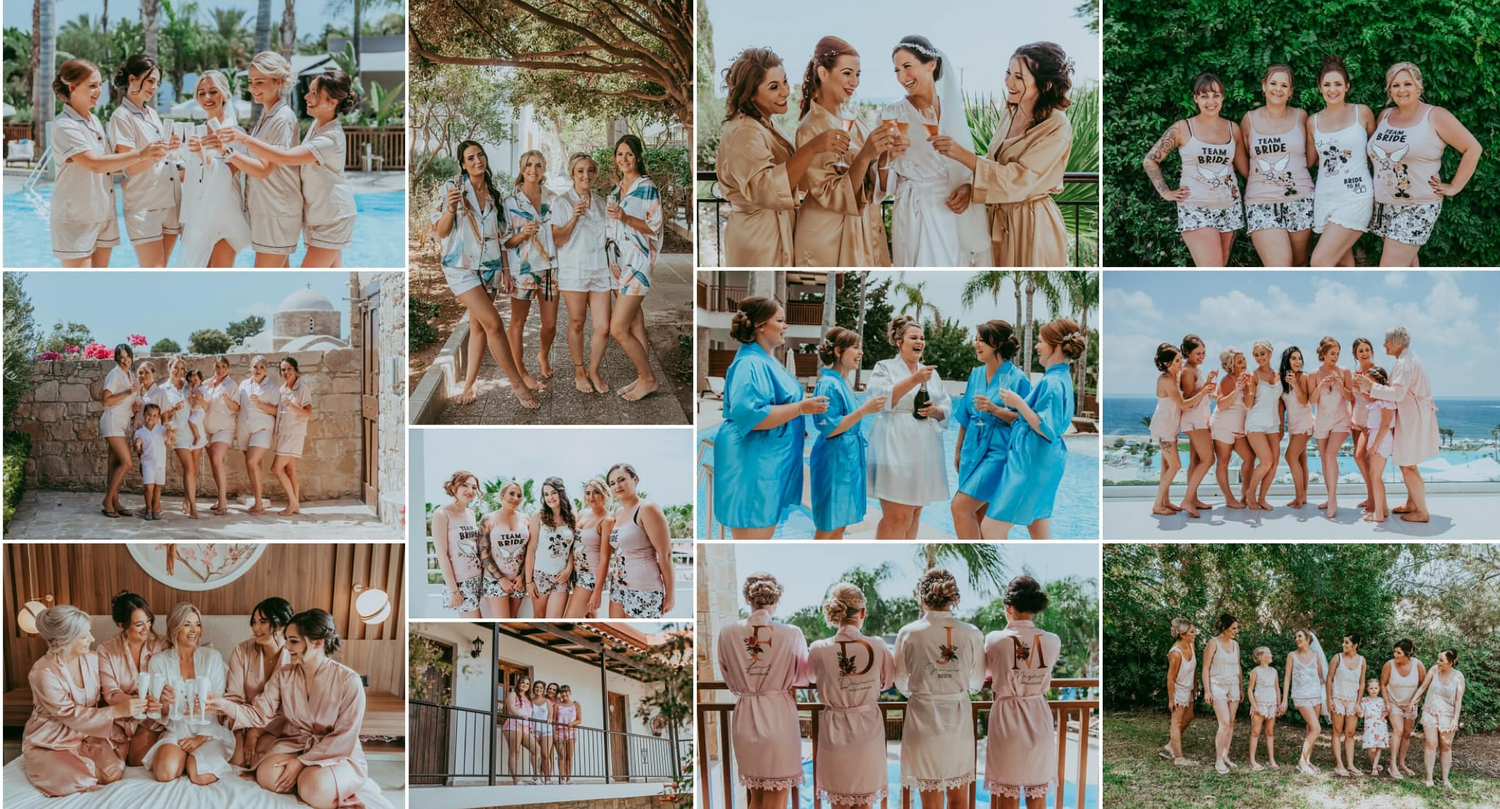 Collection of group photos showing wedding party in various outdoor settings and color palettes.