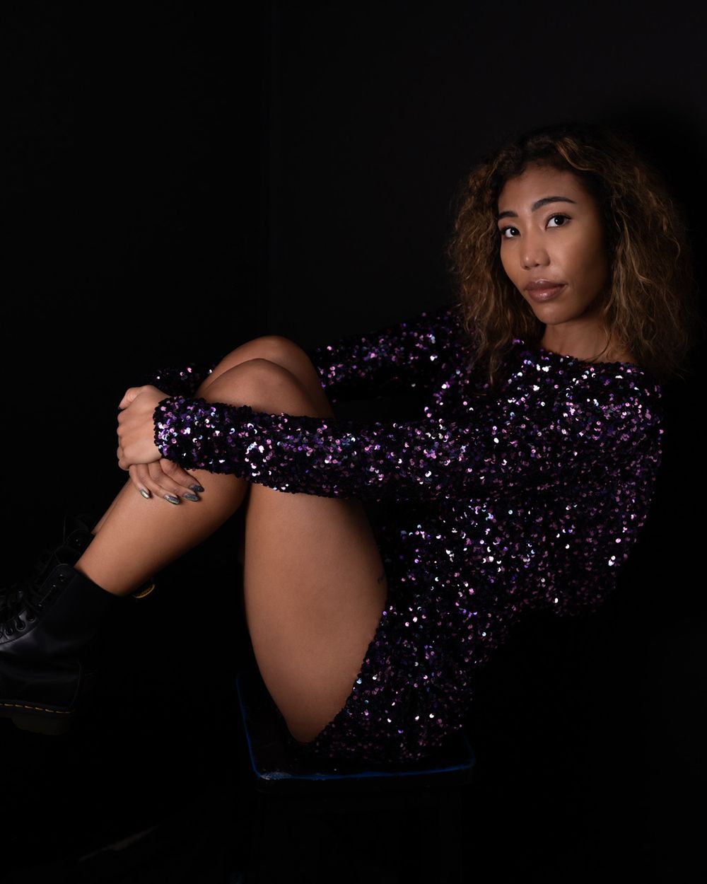 Woman in purple sequin dress, studio portrait session, North Vancouver photographer