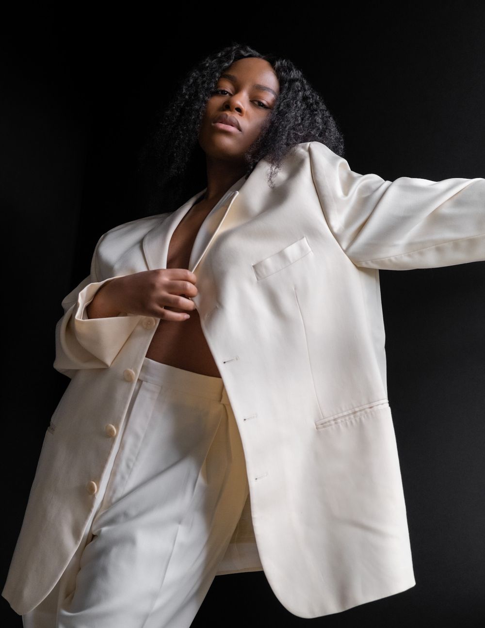 Woman in white blazer, studio fashion portrait, North Vancouver photographer