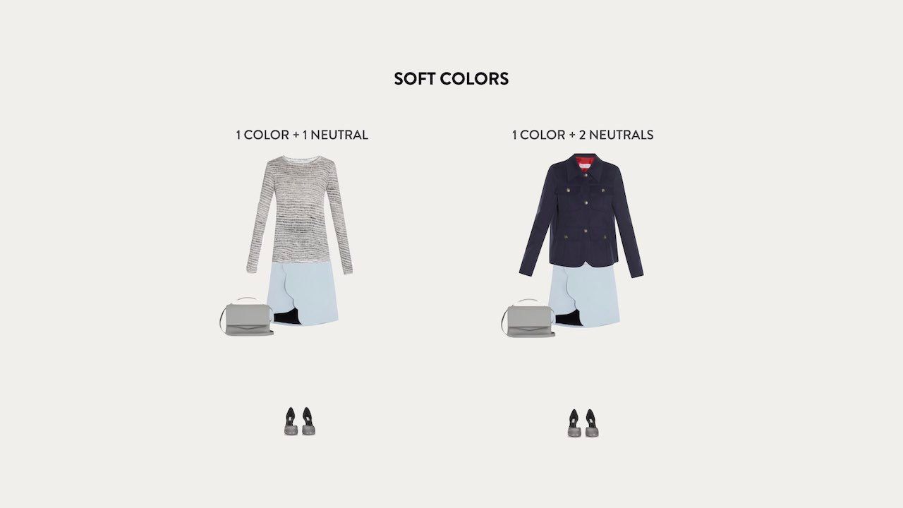 Two soft-colored outfits with neutral and feminine color combinations.