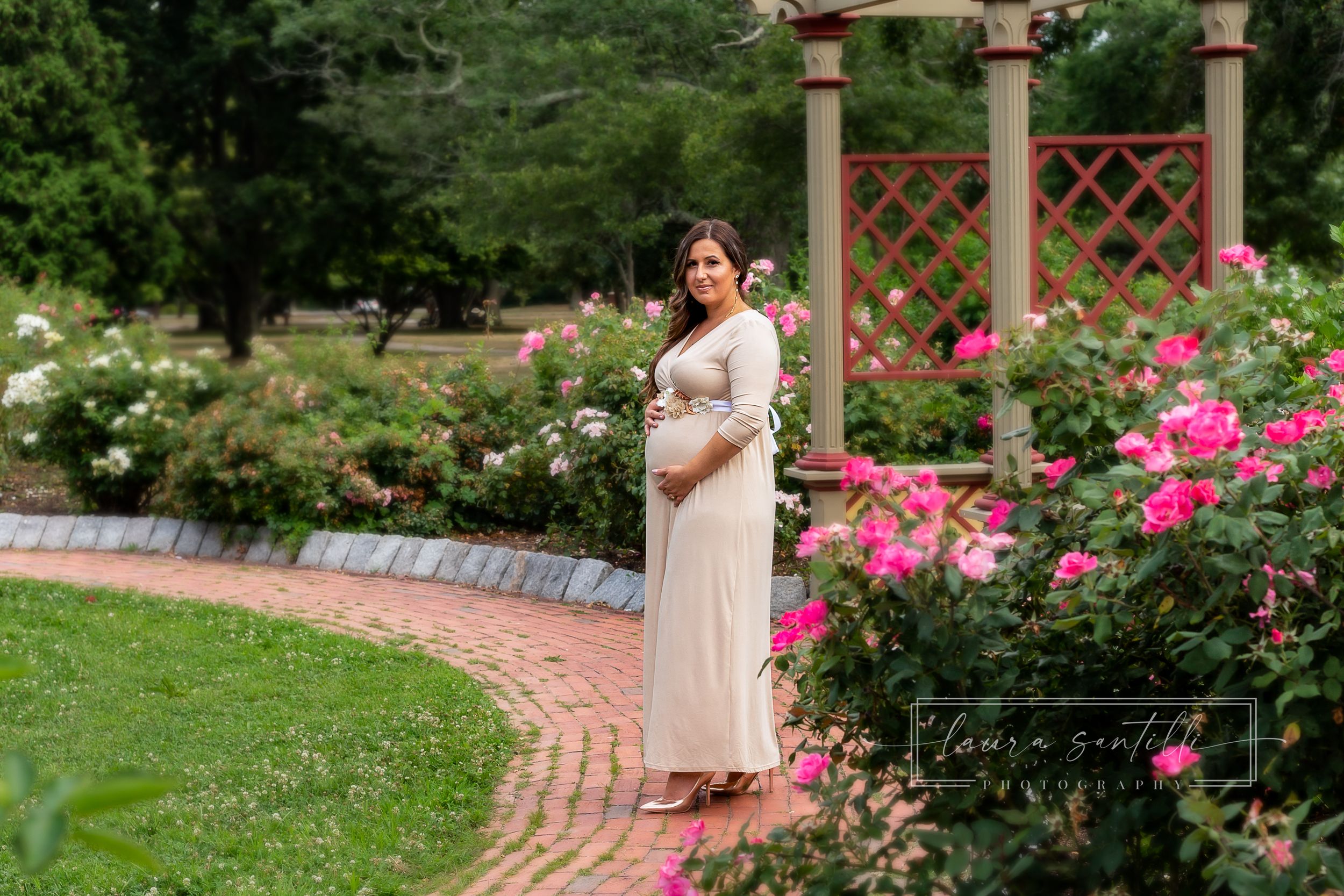 maternity portrait session, woman pregnant, outdoor rose garden