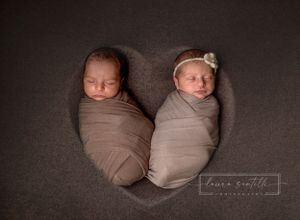 twin newborn portraits.  babies wrapped, swaddle session, heart bowl