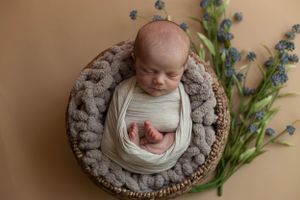newborn portrait session, newborn baby in basket, swaddled baby, floral newborn portraits