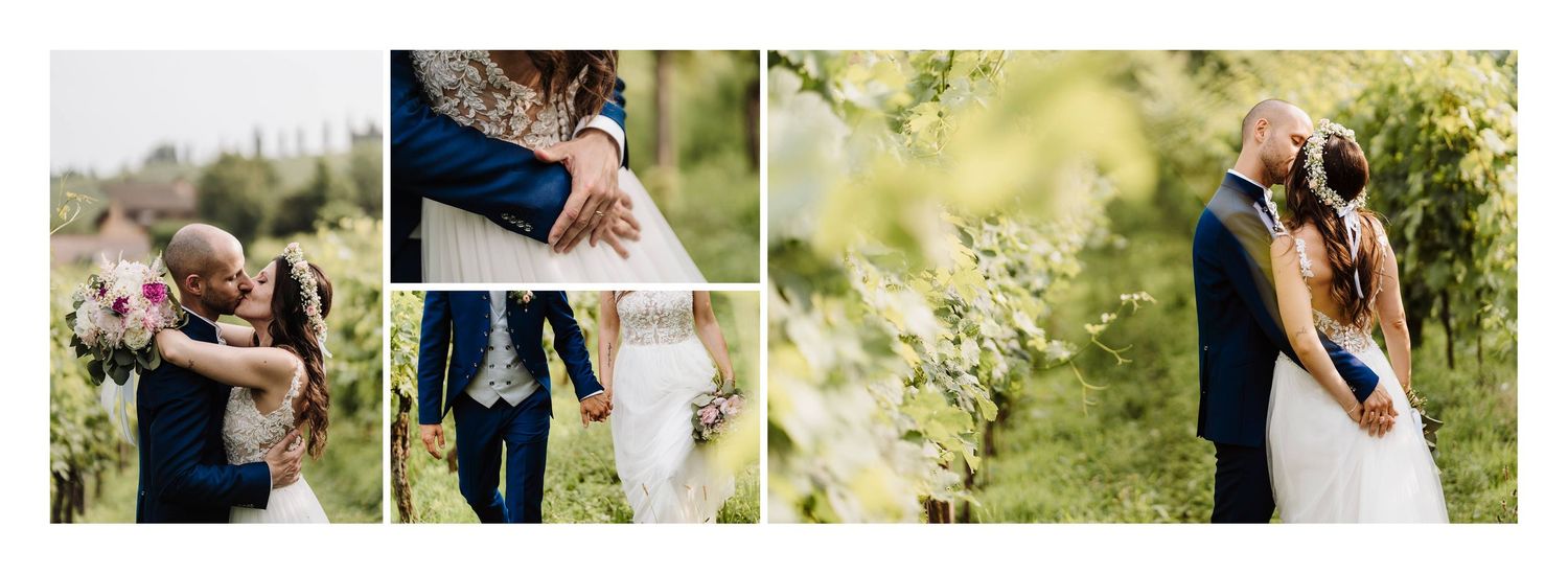 Bride and groom sharing an intimate embrace among blossoming vineyard vines on their wedding day.