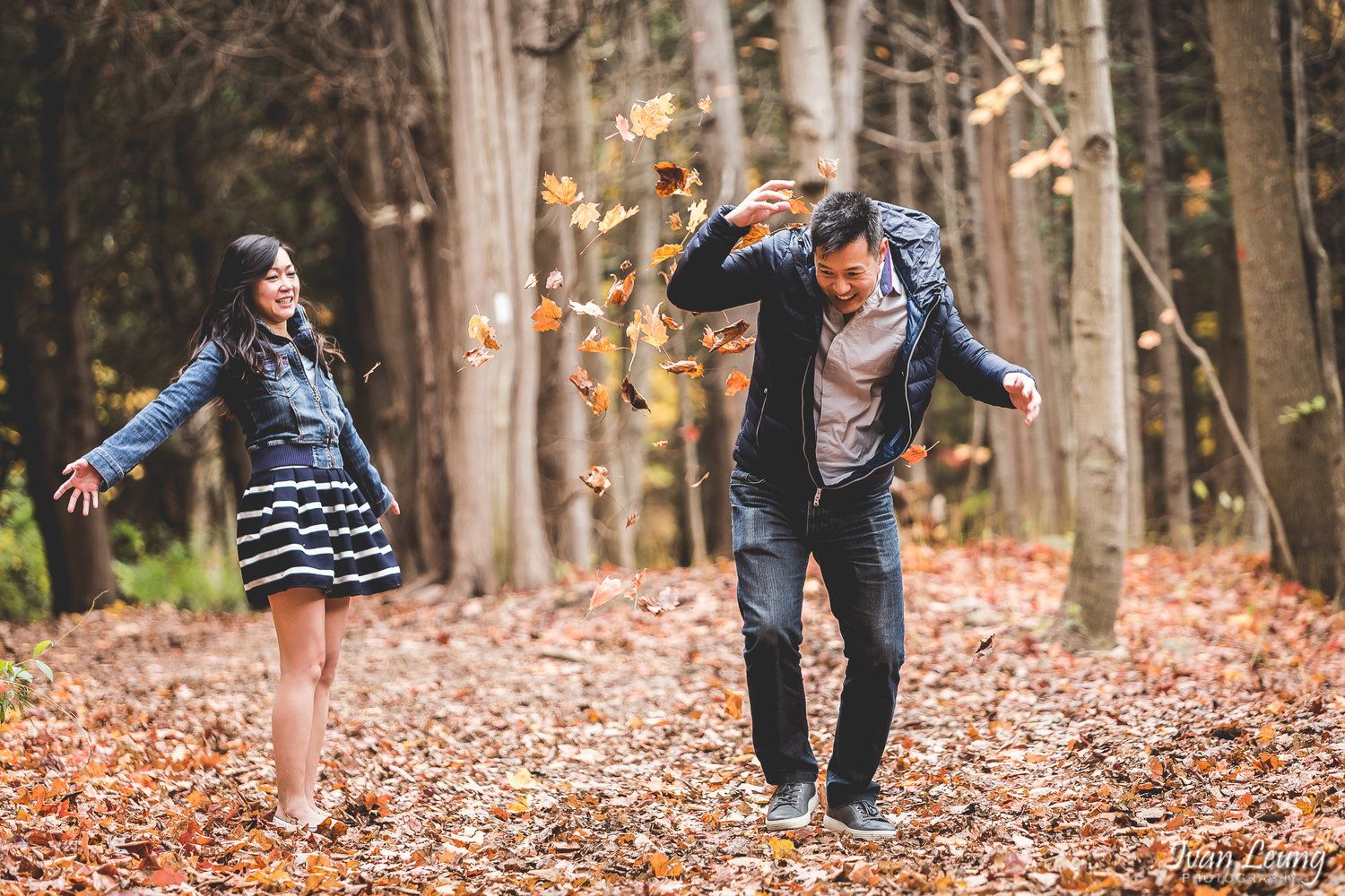 Fall Engagement with Asian Couple in a Forest