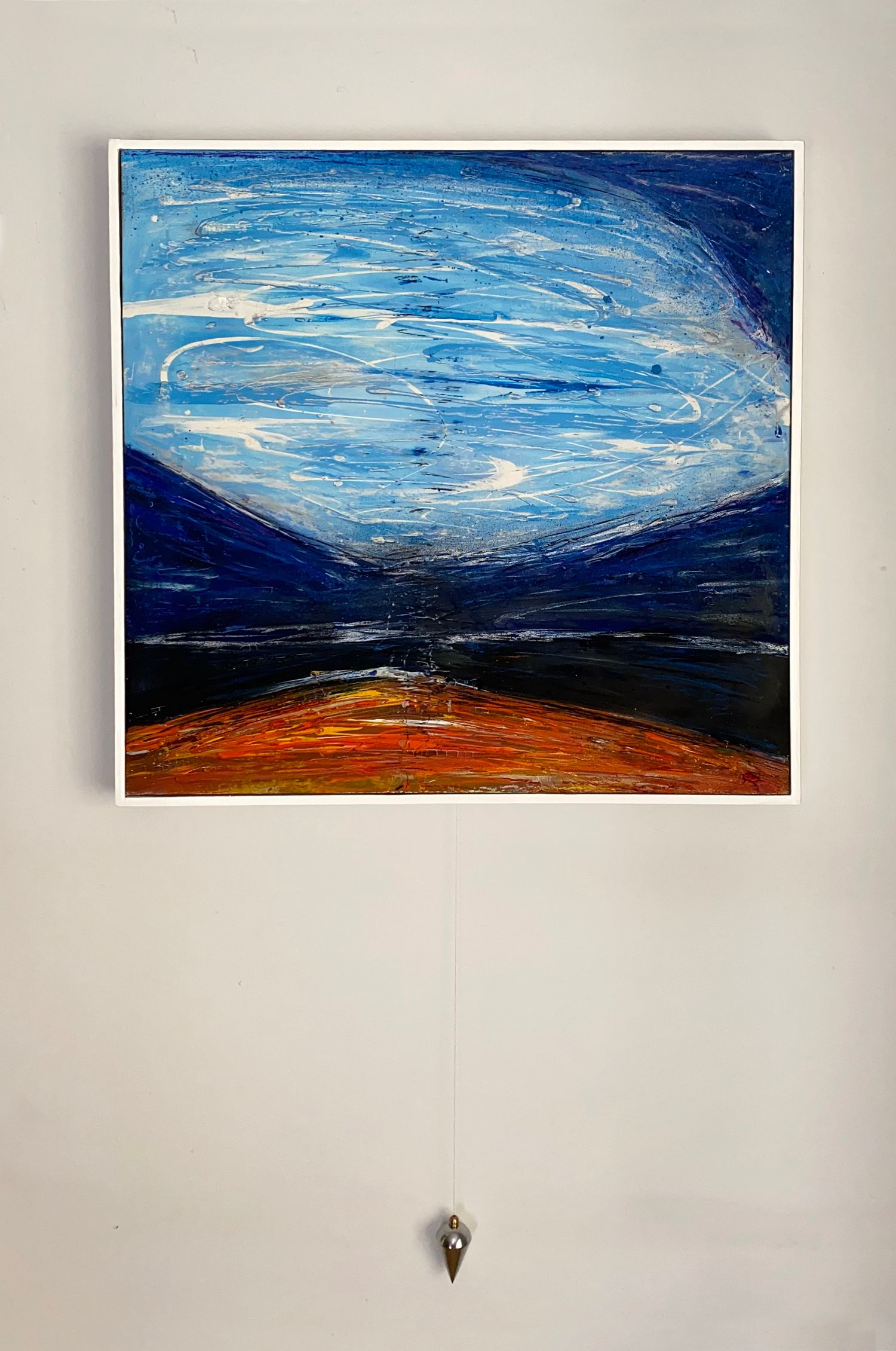 'Sea State IV' mixed media painting on canvas with a plumbob. Blue and red, cavernous, beach landscape.