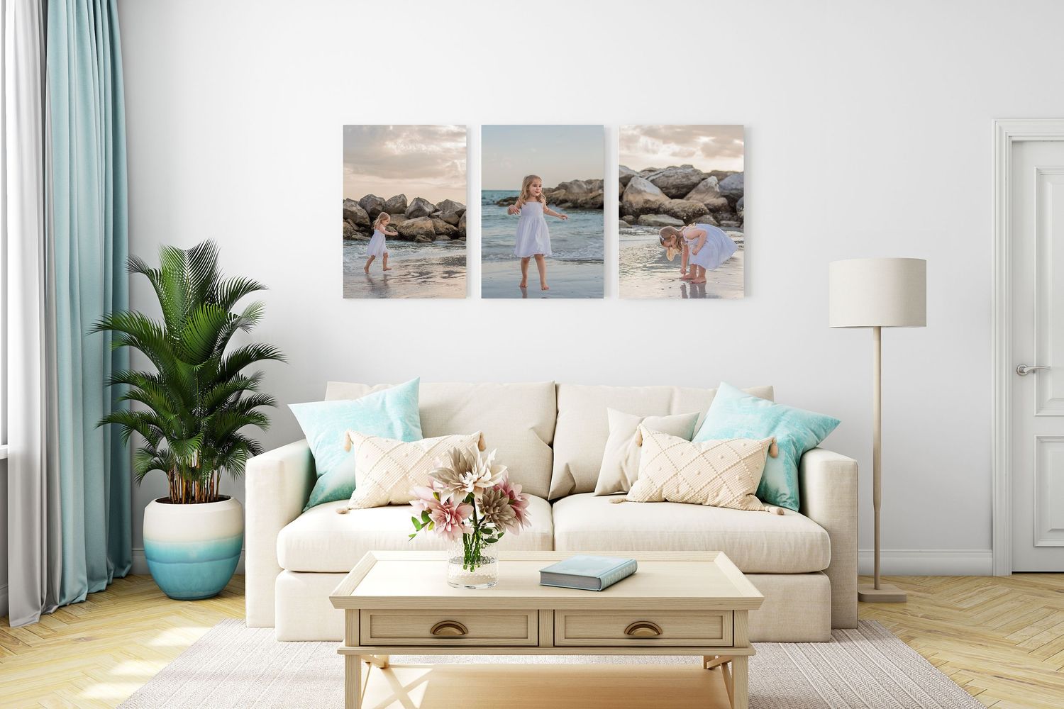 three canvases on wall in living room Riverview newborn photographer
