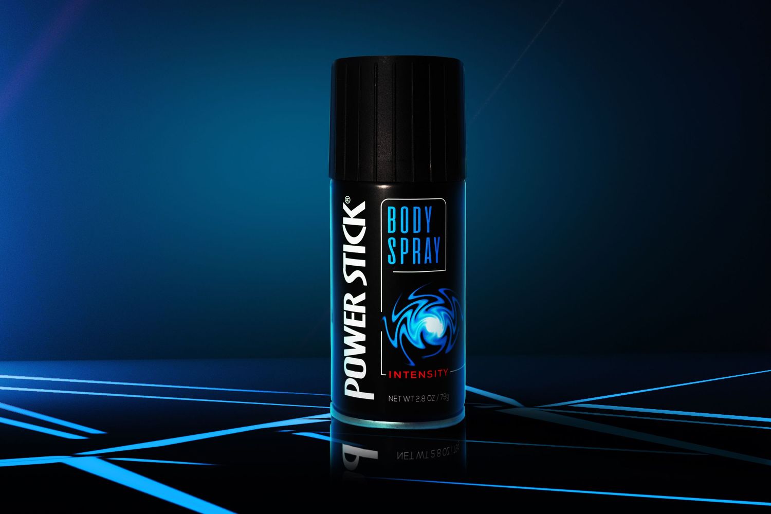 Black aerosol can with blue neon lighting and glowing effect on dark background.
