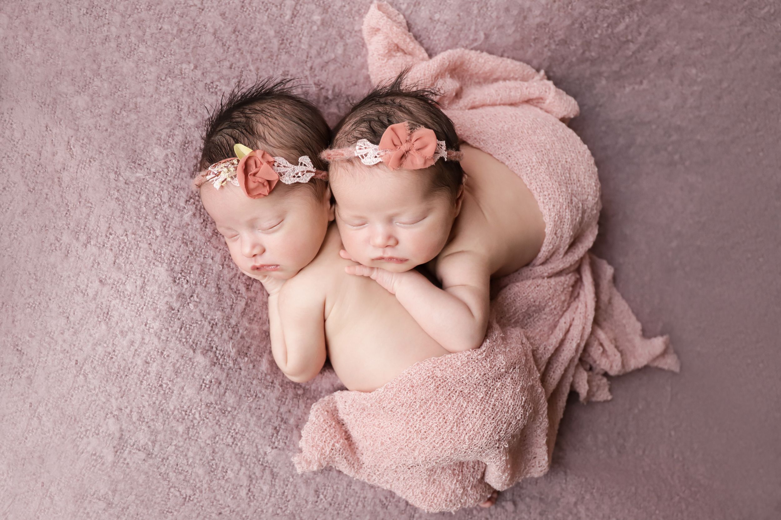 fine art newborn studio portrait featuring twins and baby girl in pink