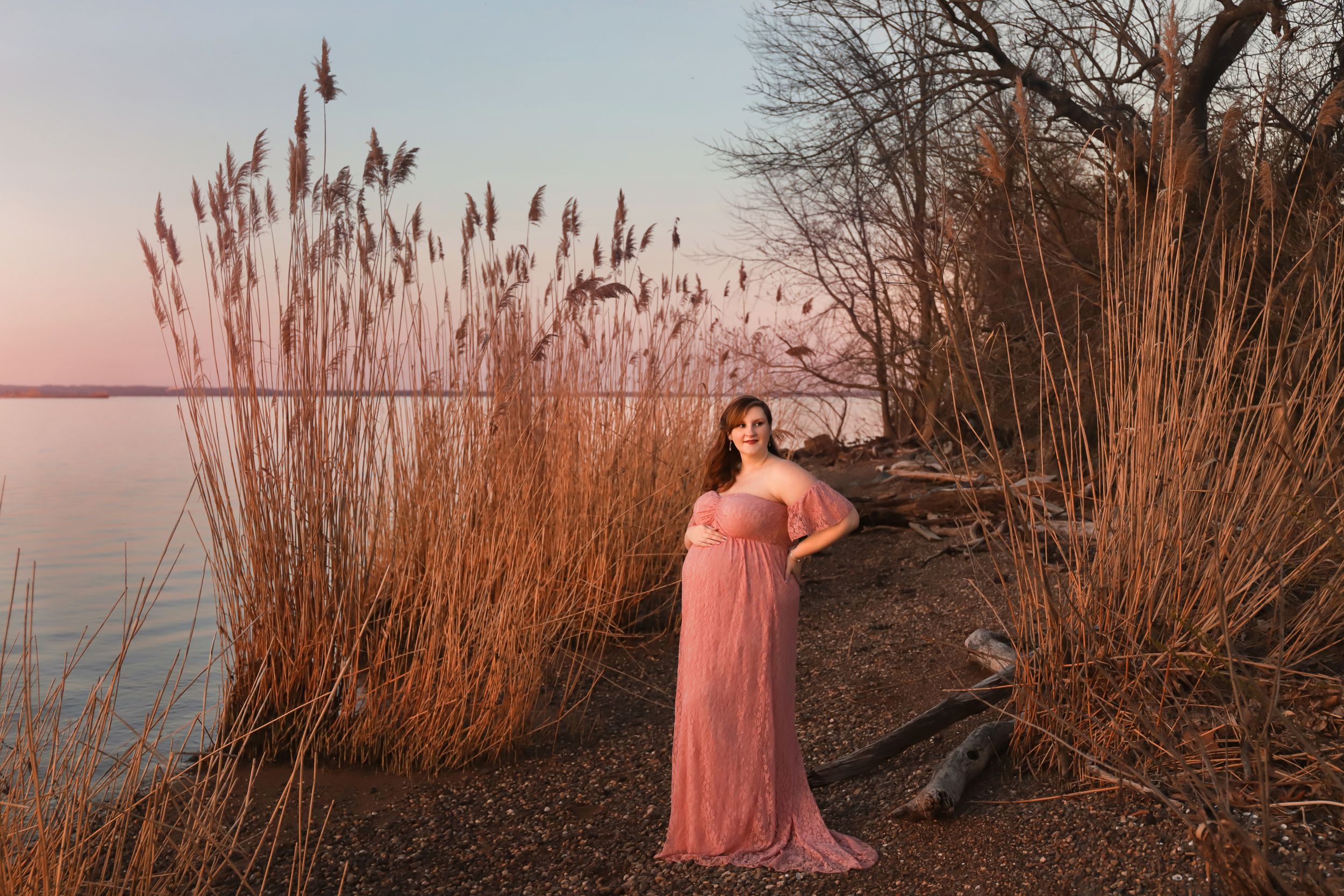 fine art maternity outdoor portrait on the beach at sunset