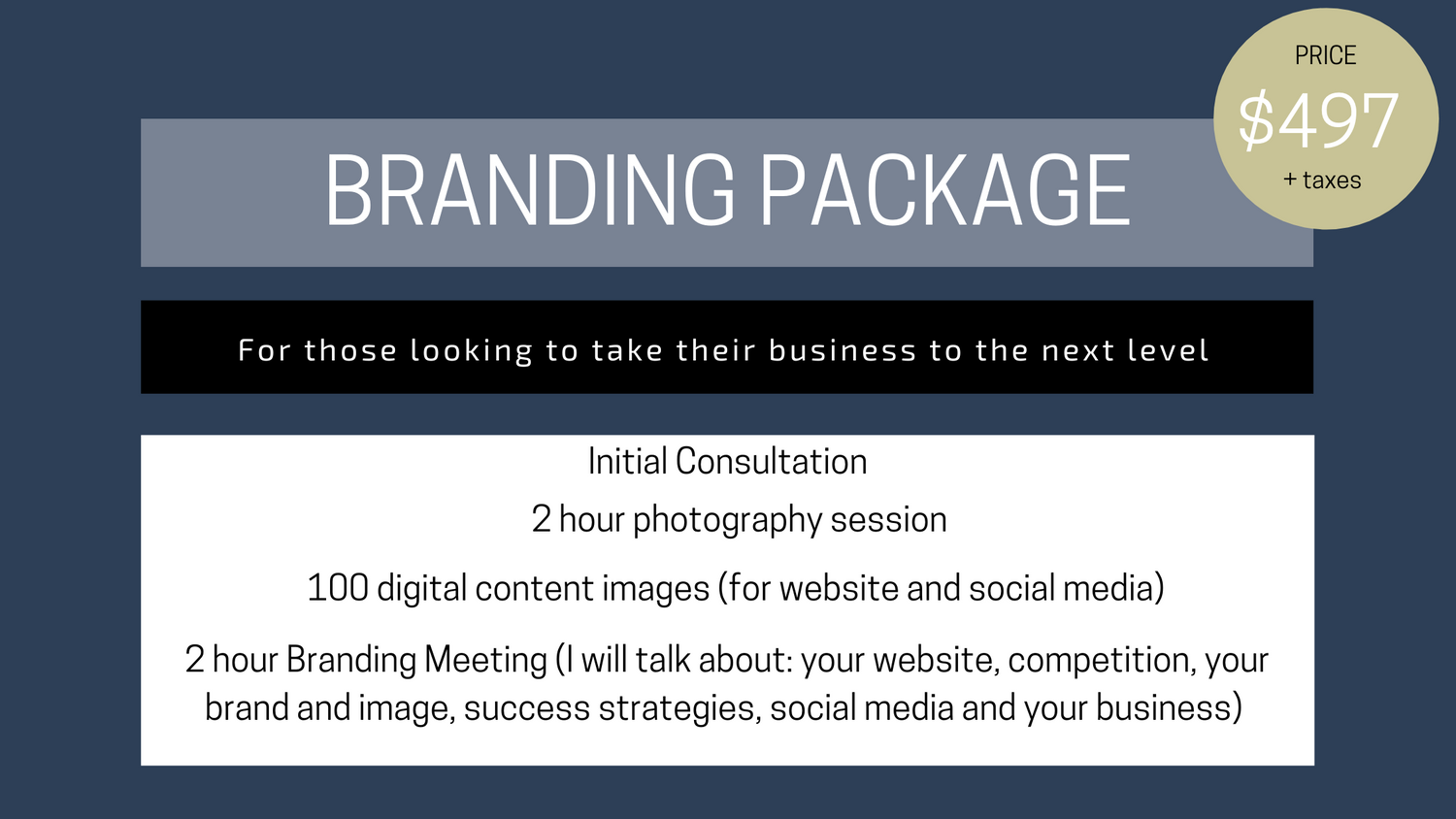 Premium branding photography package details with gold seal showing pricing and included services.