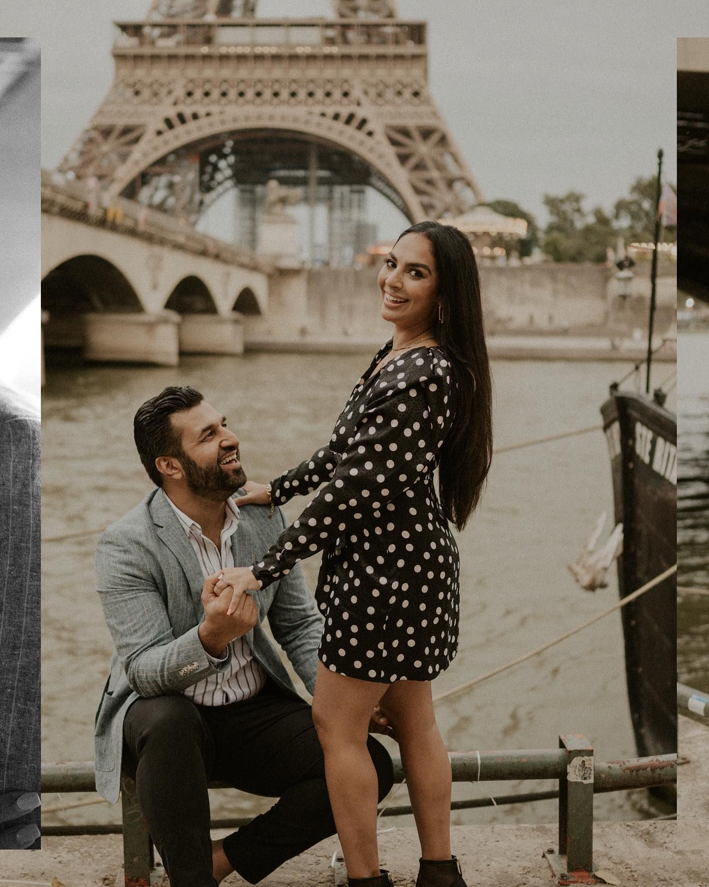 A proposal moment captured in front of the iconic Eiffel Tower and Seine River in Paris.
