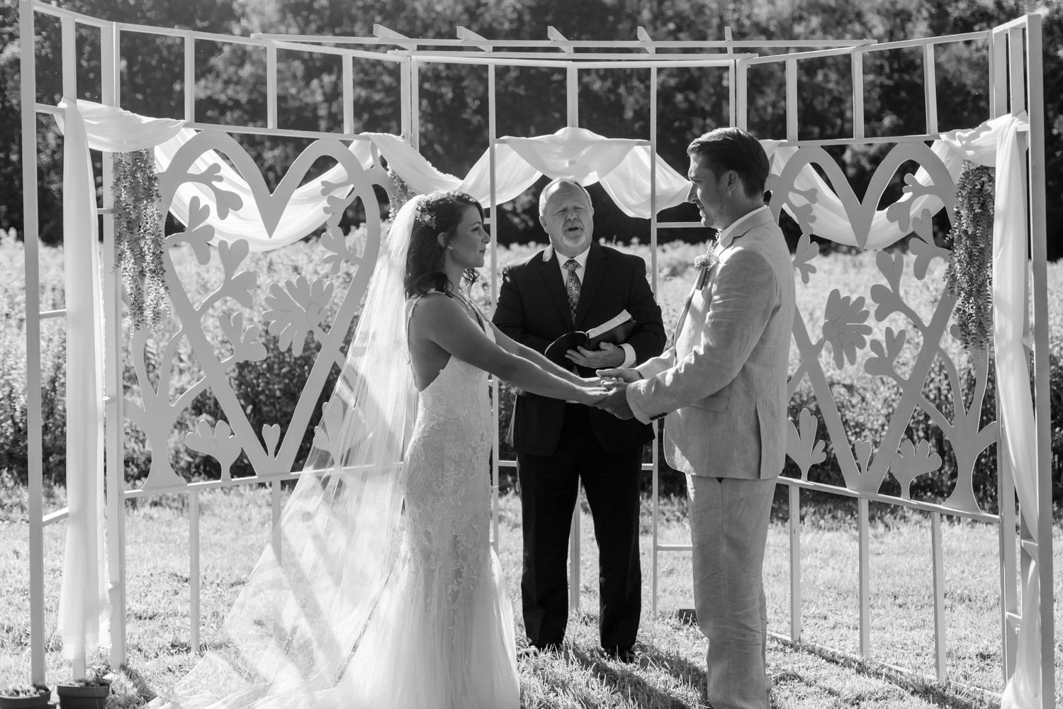 A white-draped wedding arch with flowing fabric stands against trees during an outdoor ceremony.