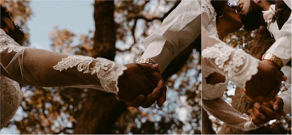 Artistic detail shots of hands touching during an intimate wedding moment.