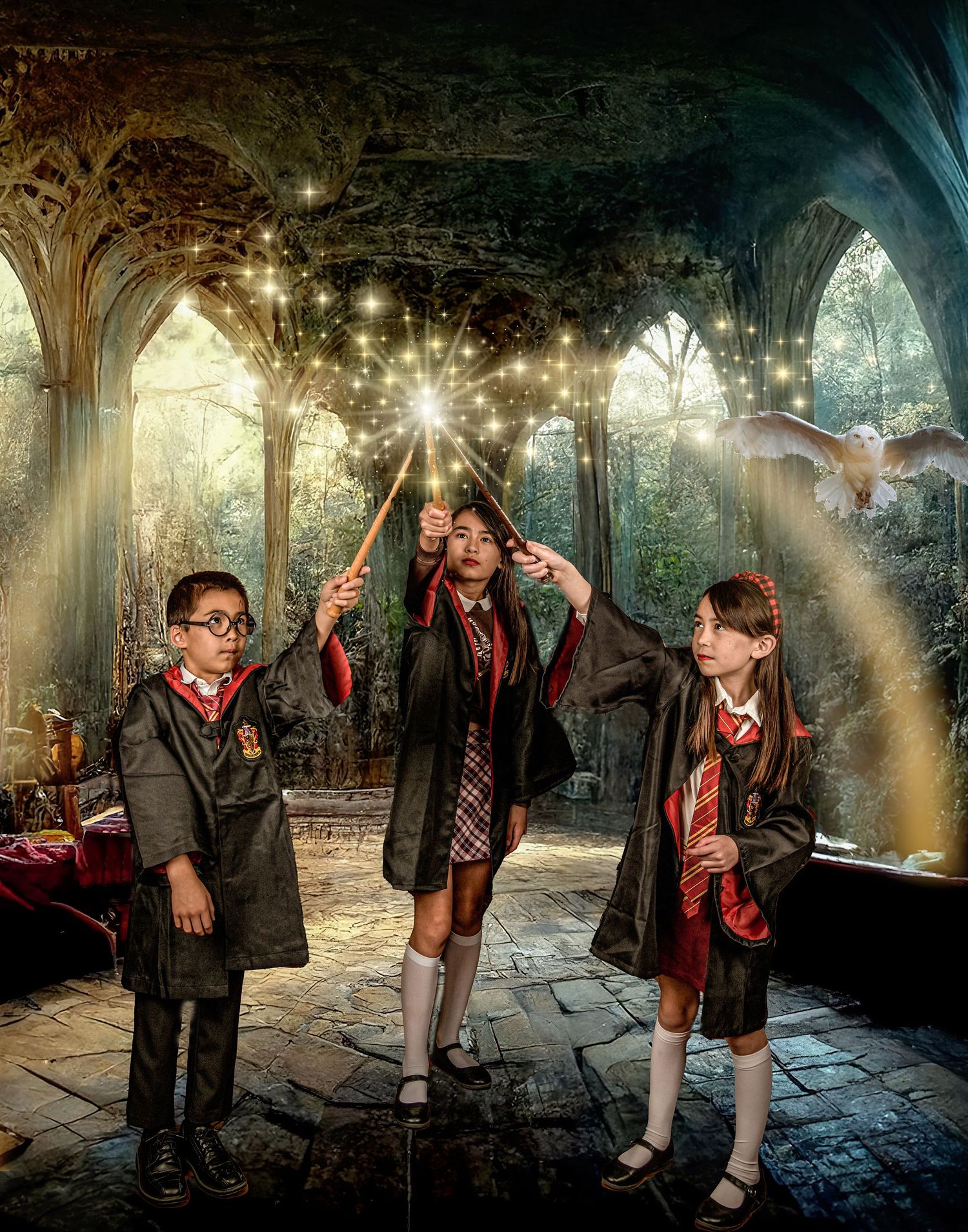 Students casting spells with wands in an enchanted castle corridor filled with magical light.