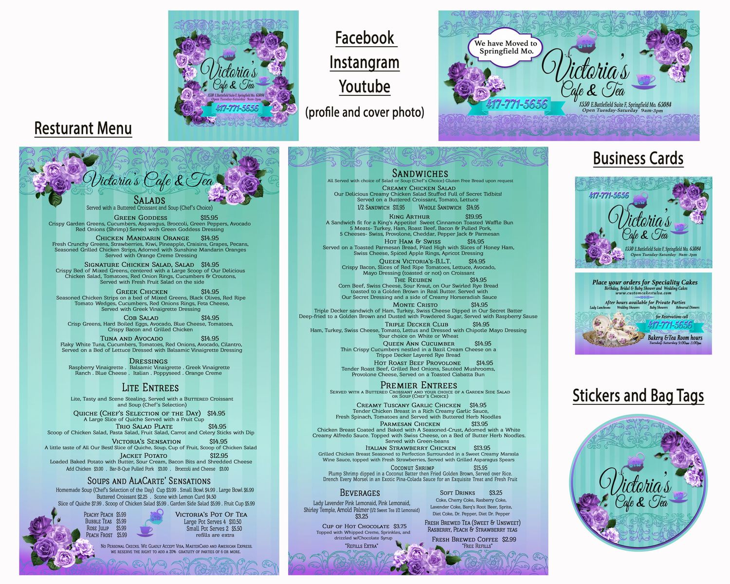 Teal and purple business menu cards featuring floral designs and pricing information.