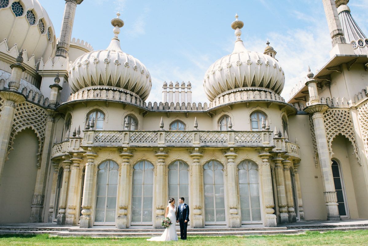Wedding photography session at the historic Brighton Royal Pavilion with its exotic architecture.