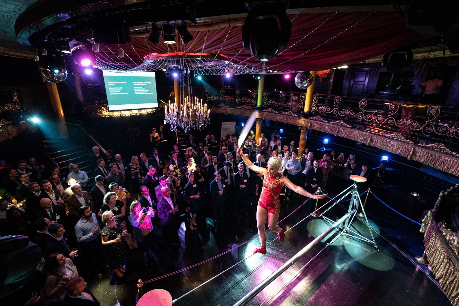 Tight rope acrobat entertains guests at a gala evening in the Cafe Royal Piccadilly, Event Photography London