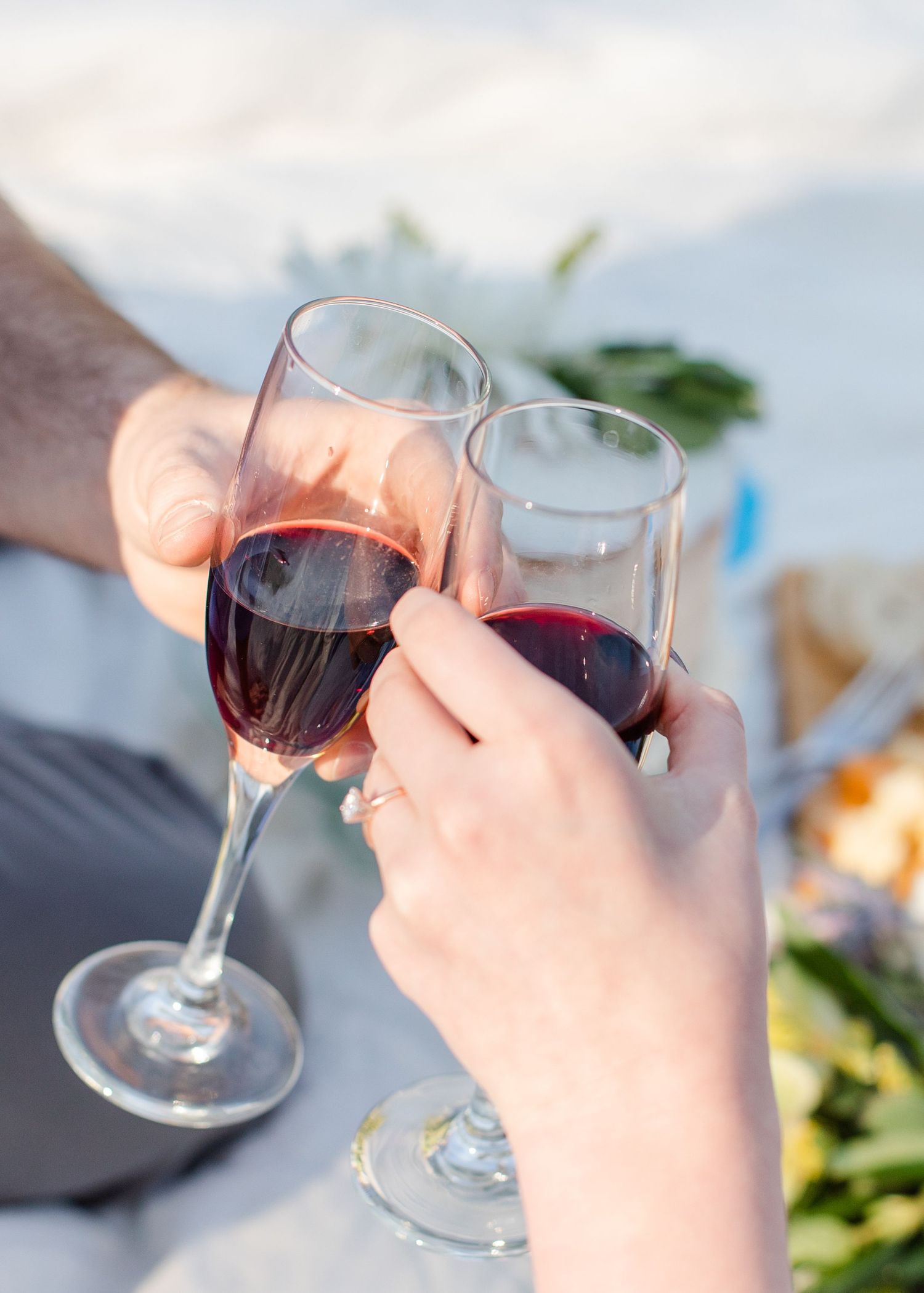 Hands holding glasses of red wine during an outdoor picnic gathering.