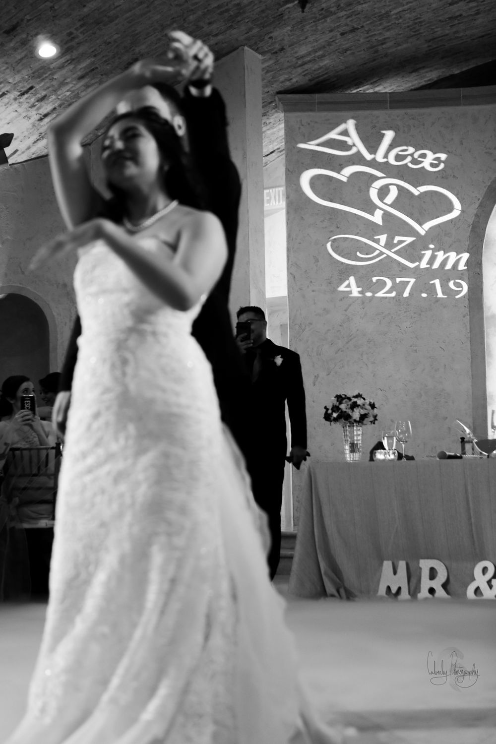 Black and White Bride and Groom First Dance Photo at the Bell Tower on 34th