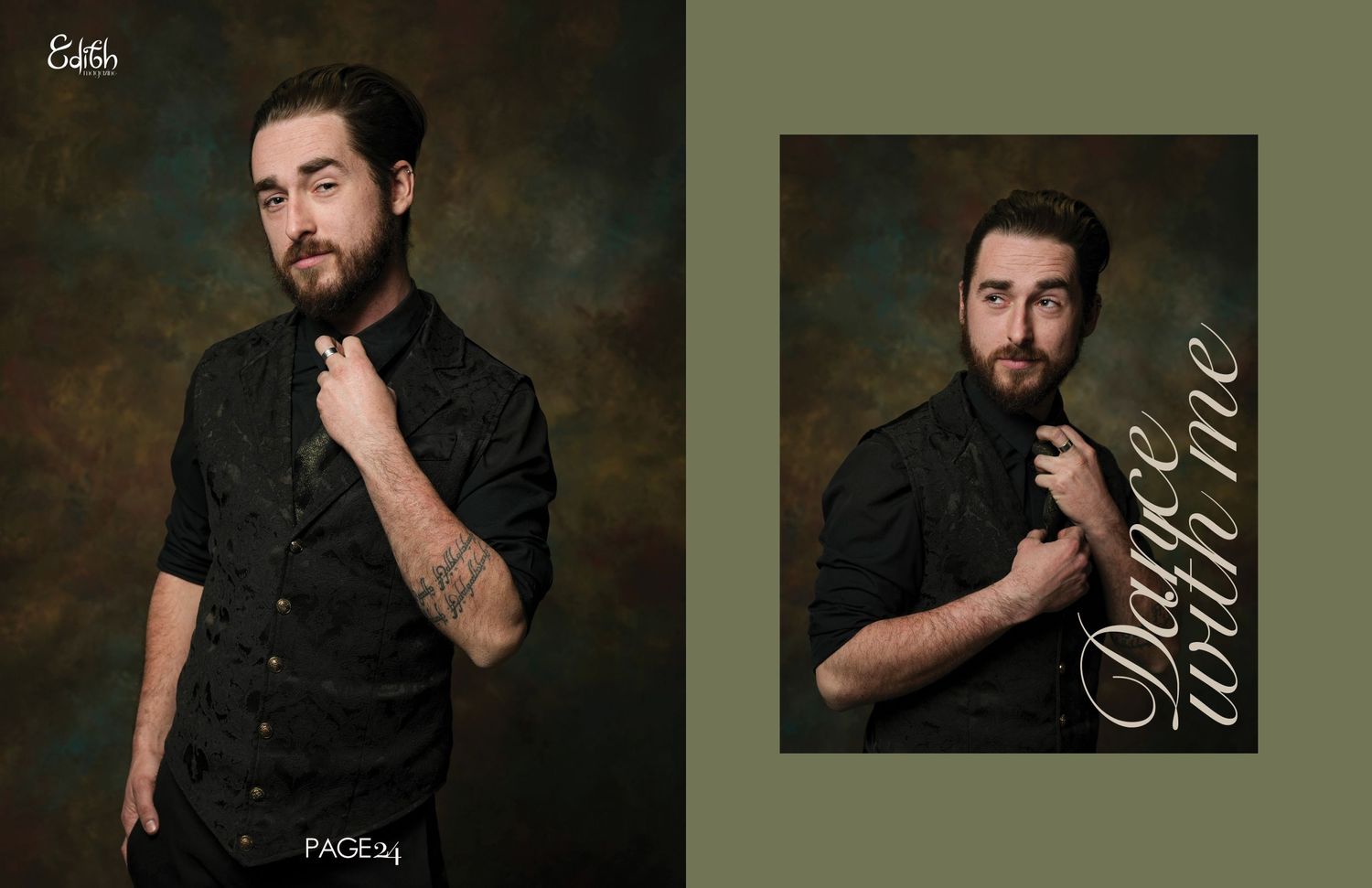Portrait series of man in black button-down shirt against dark textured background.