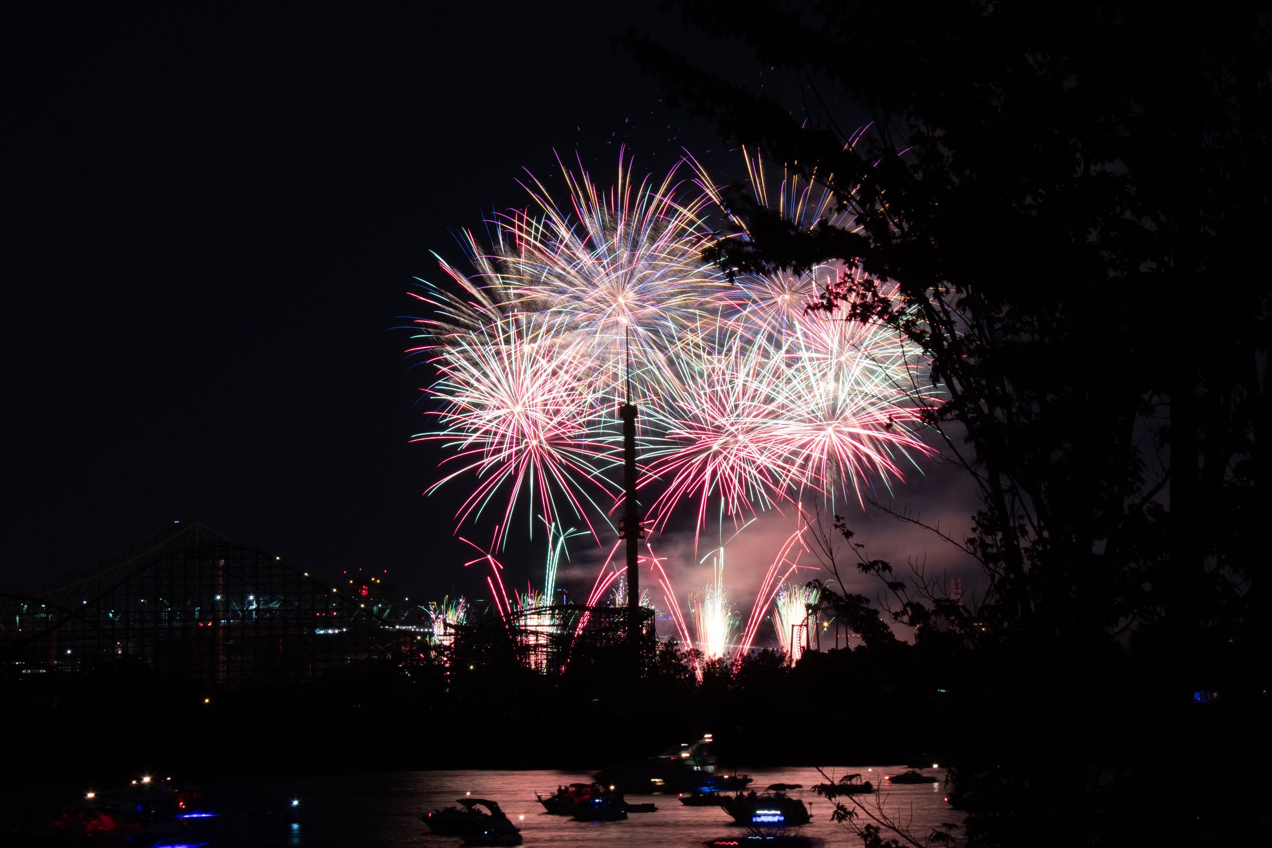 Spectacular fireworks bursting in pink and white against a dark sky with city silhouette.