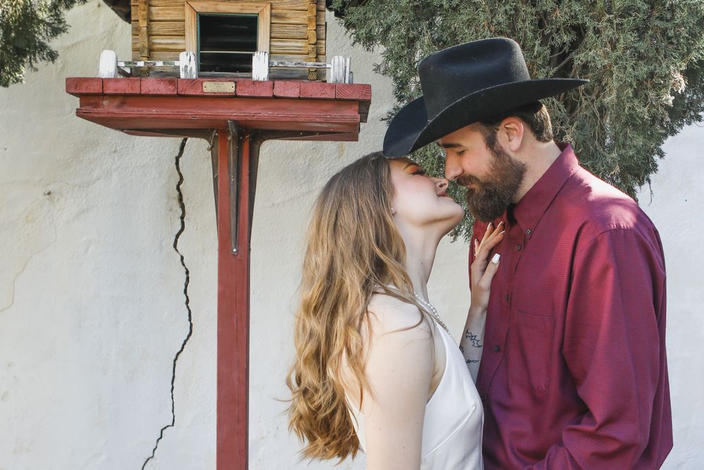 Portrait of a bride and groom kissing
