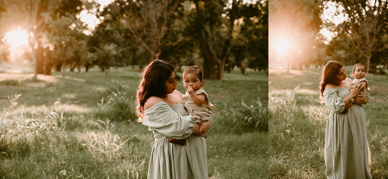 Side-by-side sunset photos showing tender moments between a woman and child in a grassy field.