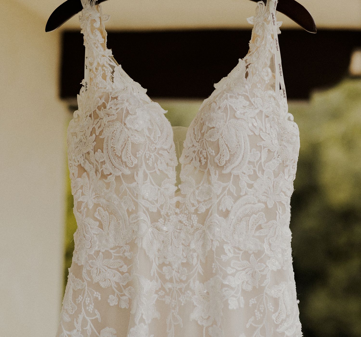 E Noelle Photography in-home wedding in Hidden Hills Los Angeles, hanging dress detail shot