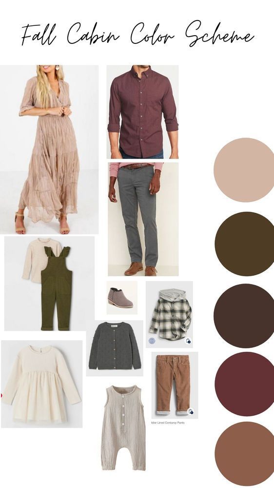 Fall fashion mood board featuring earth-toned clothing items including dresses, shirts, pants and color swatches in burgundy and brown.