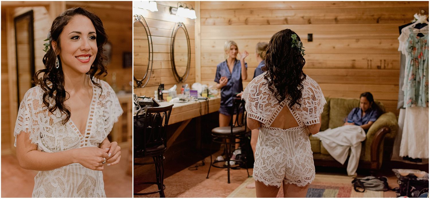 Wedding preparation moments captured in rustic wooden interior setting.
