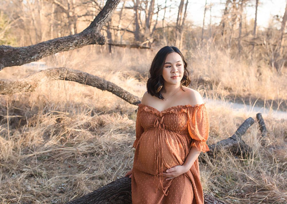 Maternity portrait of woman in rust-colored dress standing by tree in autumn field.