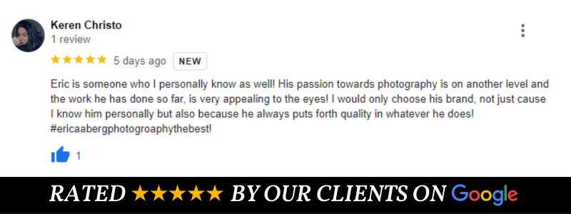 Positive Google review highlighting photographer's passion and skill with 5 stars.