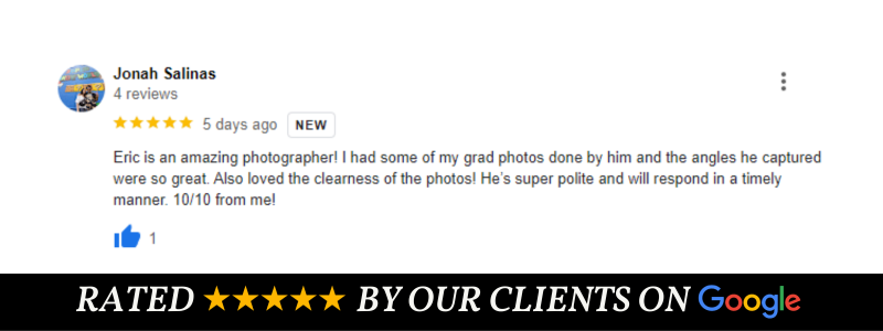 A 5-star Google review praising photography services with black and white text.