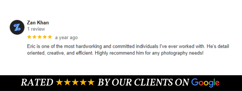 Five star rating display with client review on Google platform.