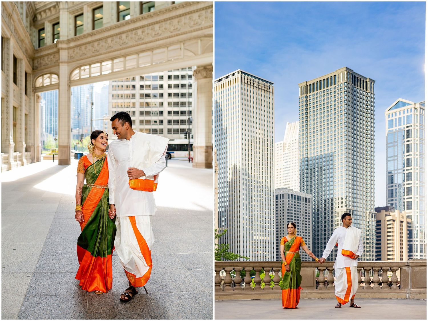 Elegant wedding portraits combining traditional Indian attire with modern Chicago architecture.