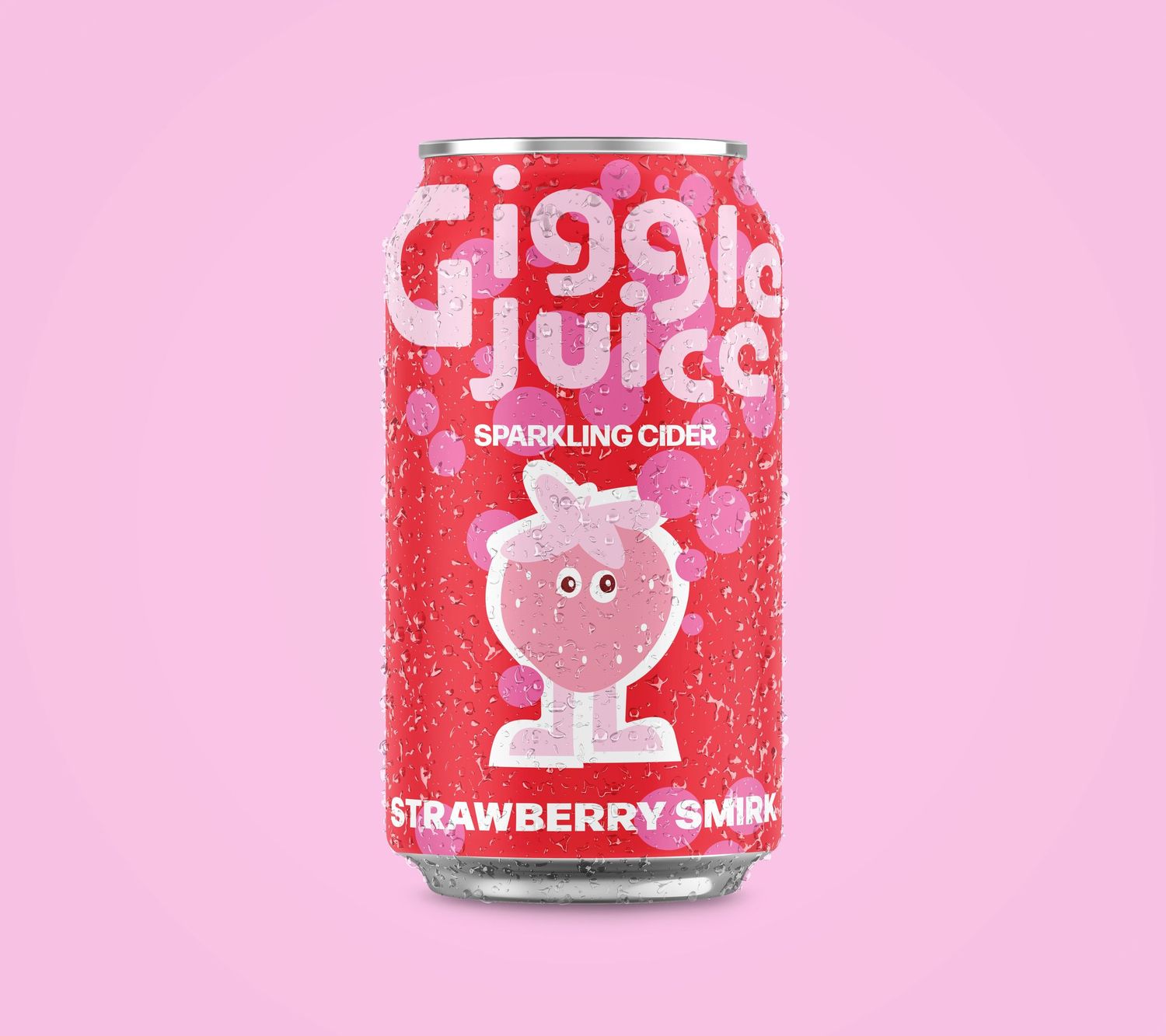 Red strawberry-flavored drink cans with cute illustrations on pink background.