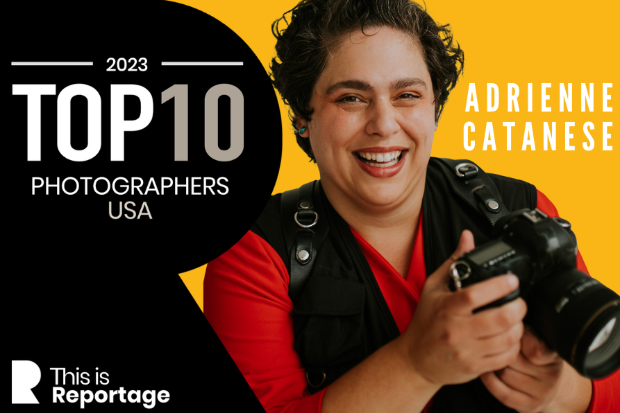 Award banner from This Is Reportage naming Adrienne Catanese one of the top 10 documentary USA wedding photographers.