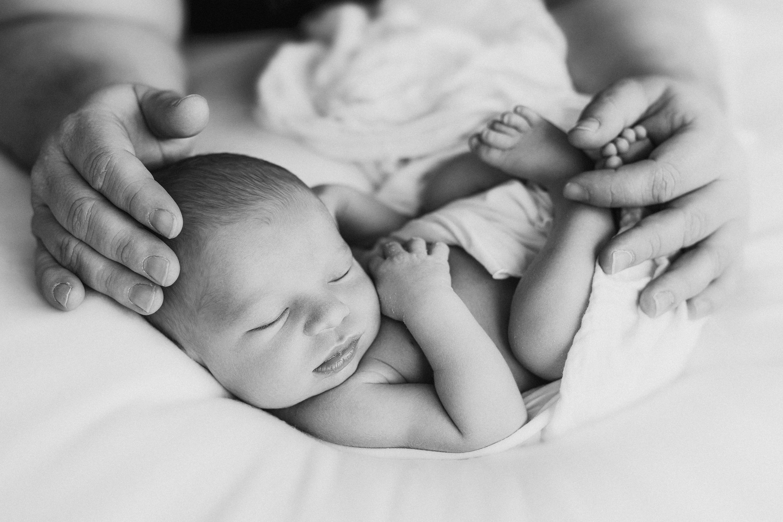 A peaceful black and white image of a resting newborn with gentle hands providing support.