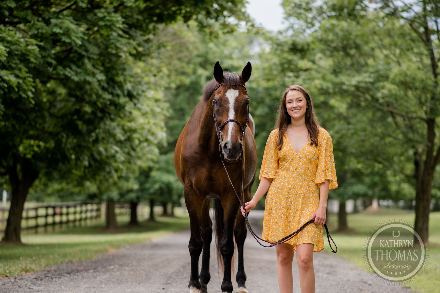 A beautiful bay horse and companion in a yellow dress walk along a tree-lined path.
