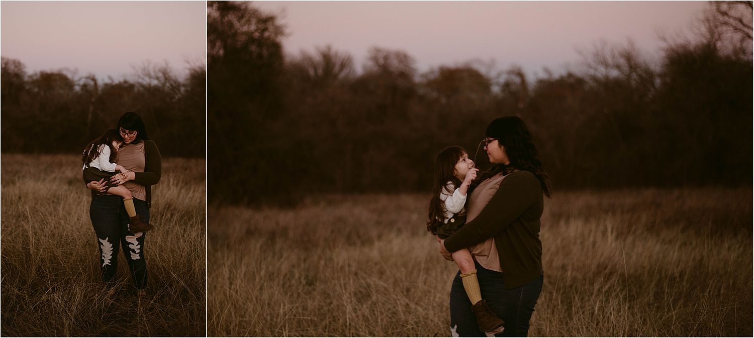 Intimate outdoor family portraits in muted tones at sunset.
