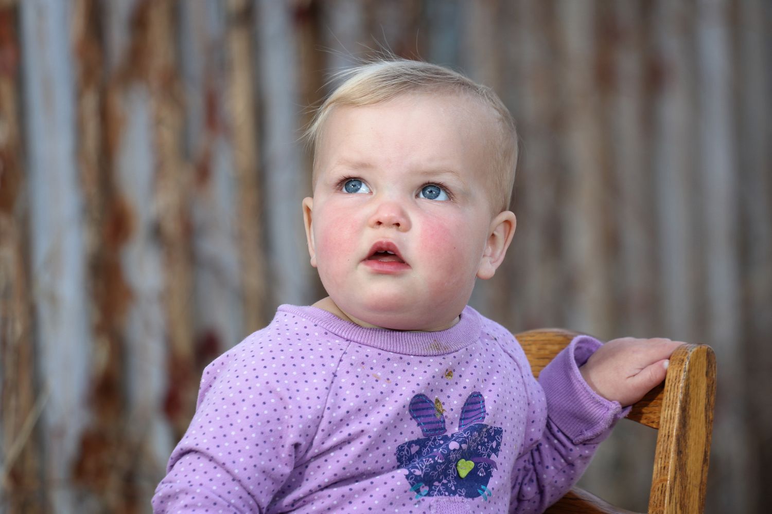 A small child in a purple sweater with floral detail leans against a wooden surface.