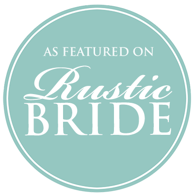 A mint green circular logo for Rustic Bride wedding features.